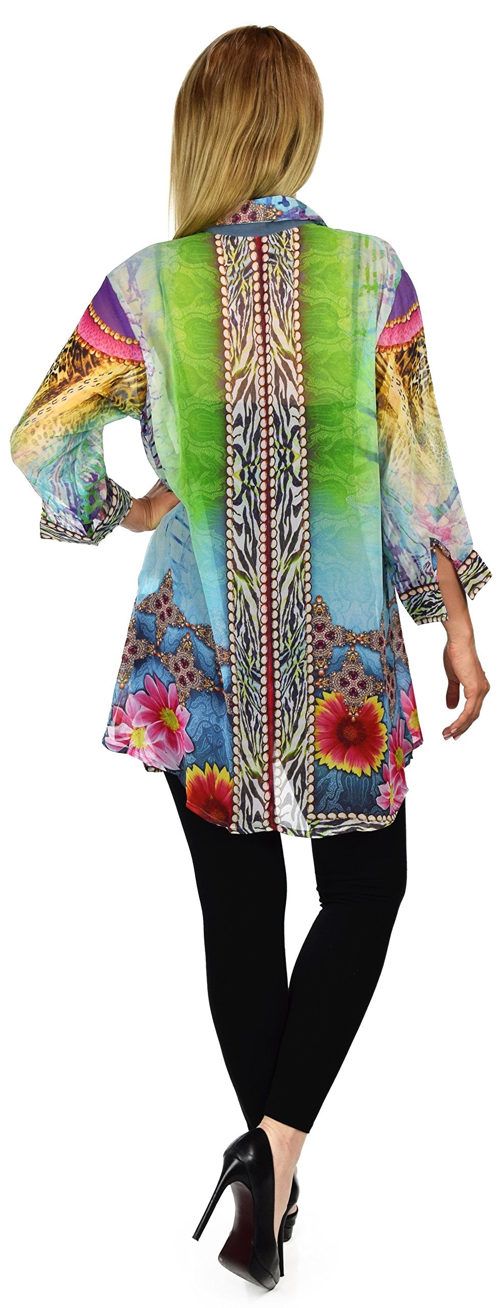 Artsy Semi Sheer Blouse, Chiffon Blouse,Button Down Blouse, Collared Exotic Print Shirt