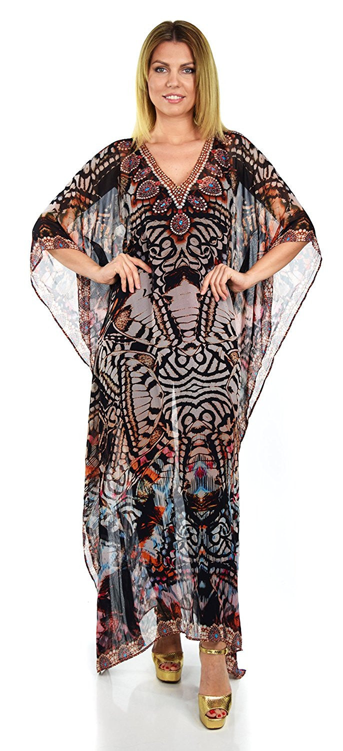 Summer Chiffon Kaftan w/ Embellished Rhinestone Work V Neck | Caftan Dress | Cover Up