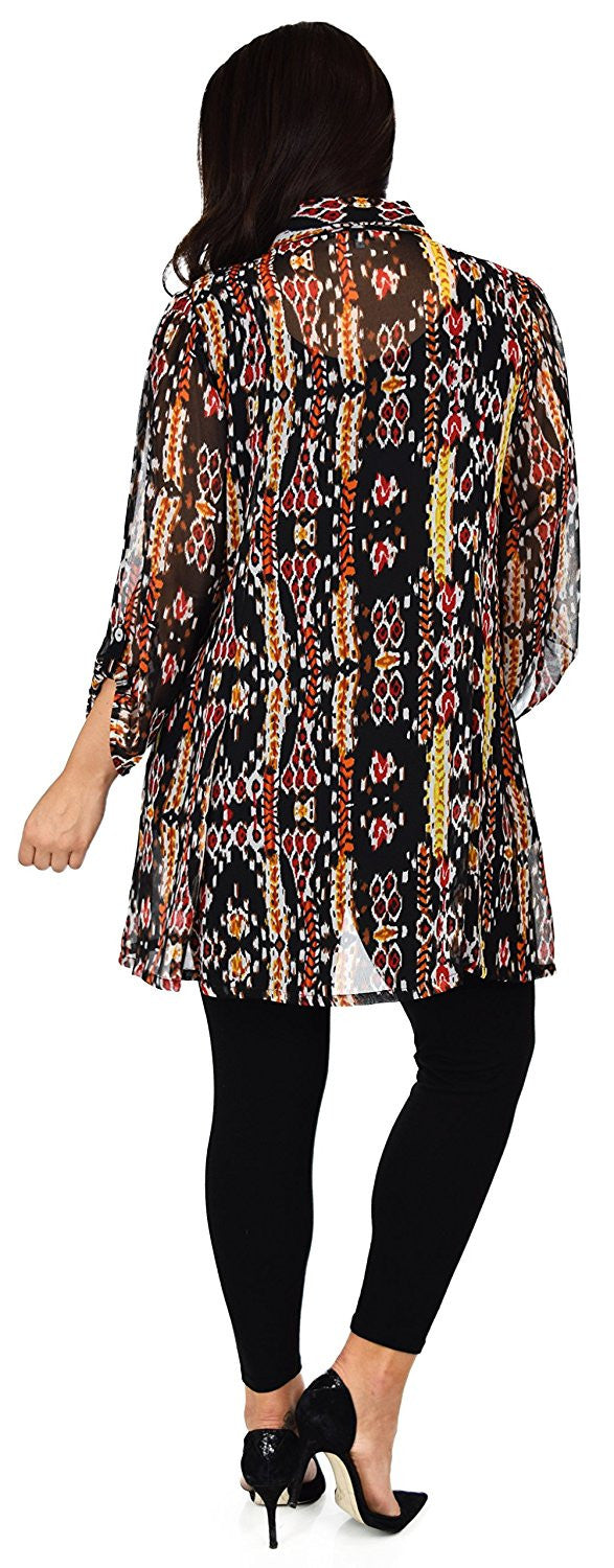 Button Down Semi-Sheer Tunic Blouse Shirt w/ Roll Up Sleeves