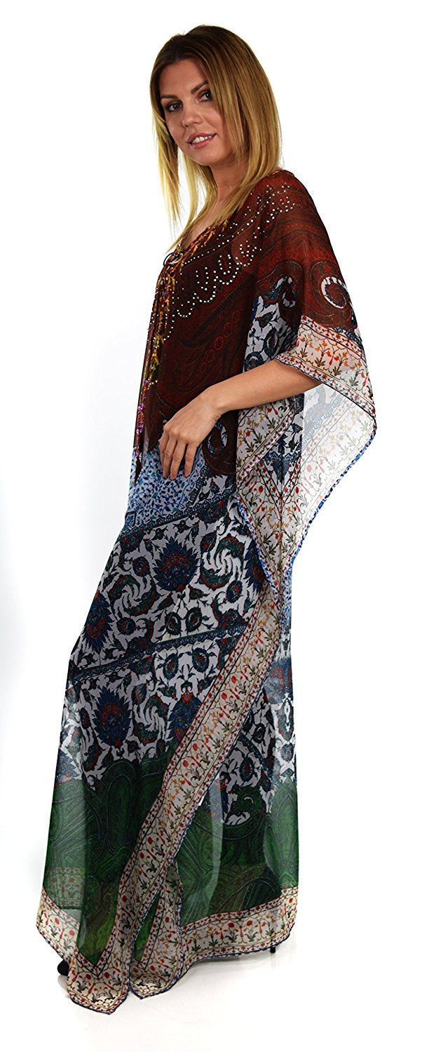 Semi Sheer Chiffon Digital Print Embellished Caftan Kaftan Rhinestone Work V Neck / Caftan Dress/ Cover Up