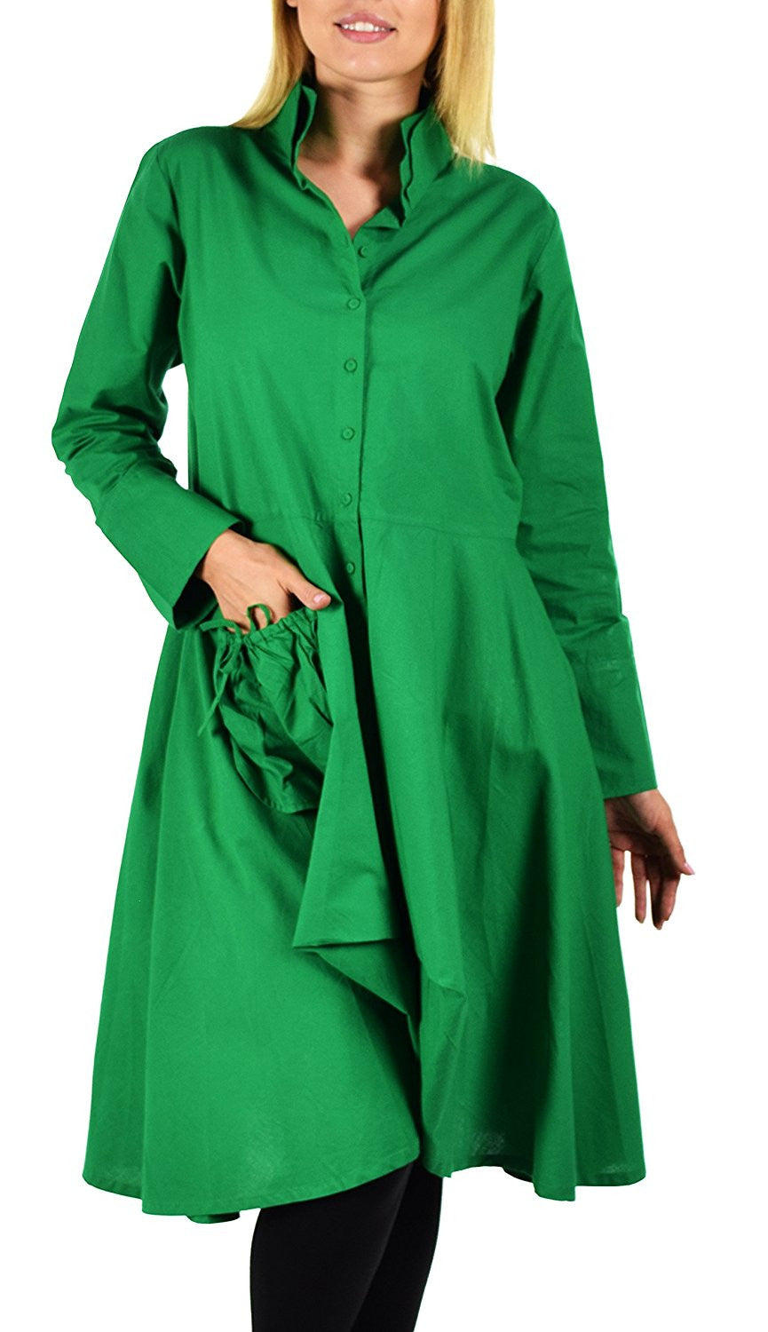 Hi Lo Banded Collar Button Down A Line Swing Dress Shirt Top