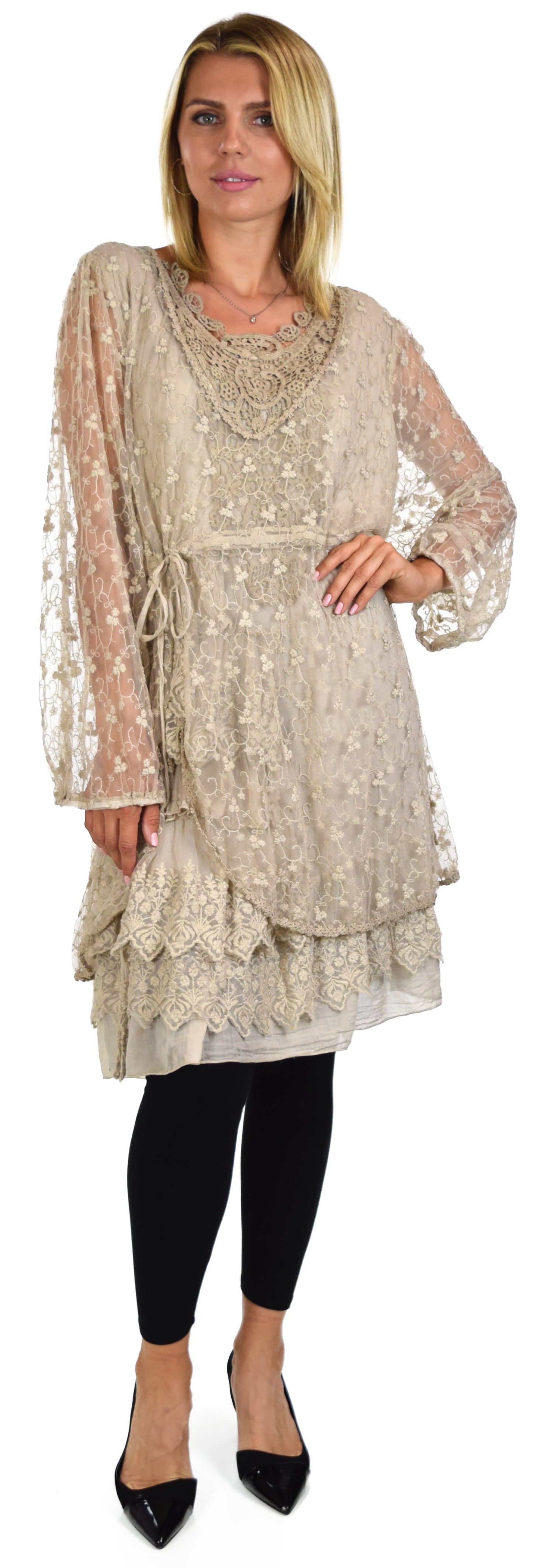 Vintage Look Lace Tunic, Women Plus Size Tunic, 2 layeres Loose Fitting Lace Embroidered Tunic Blouse Top
