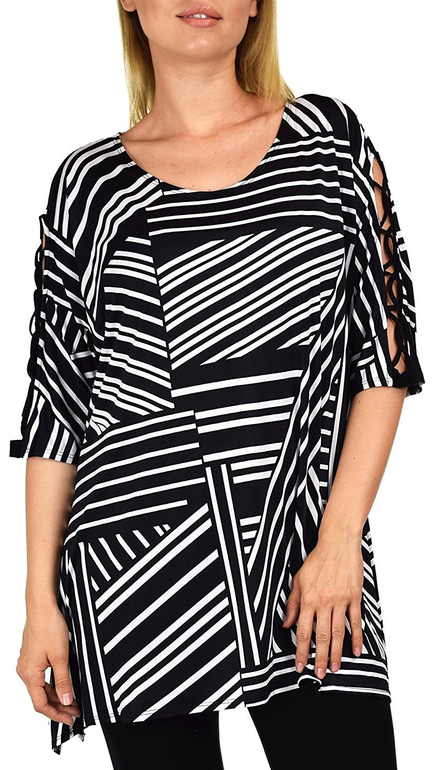 Abstract Print Tunic Blouse Shirt Top w/ Cut Out Sleeves