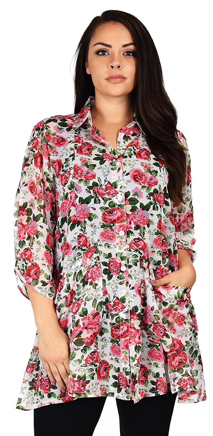 Button Down Semi-Sheer Tunic Blouse Shirt w/ Roll Up Sleeves
