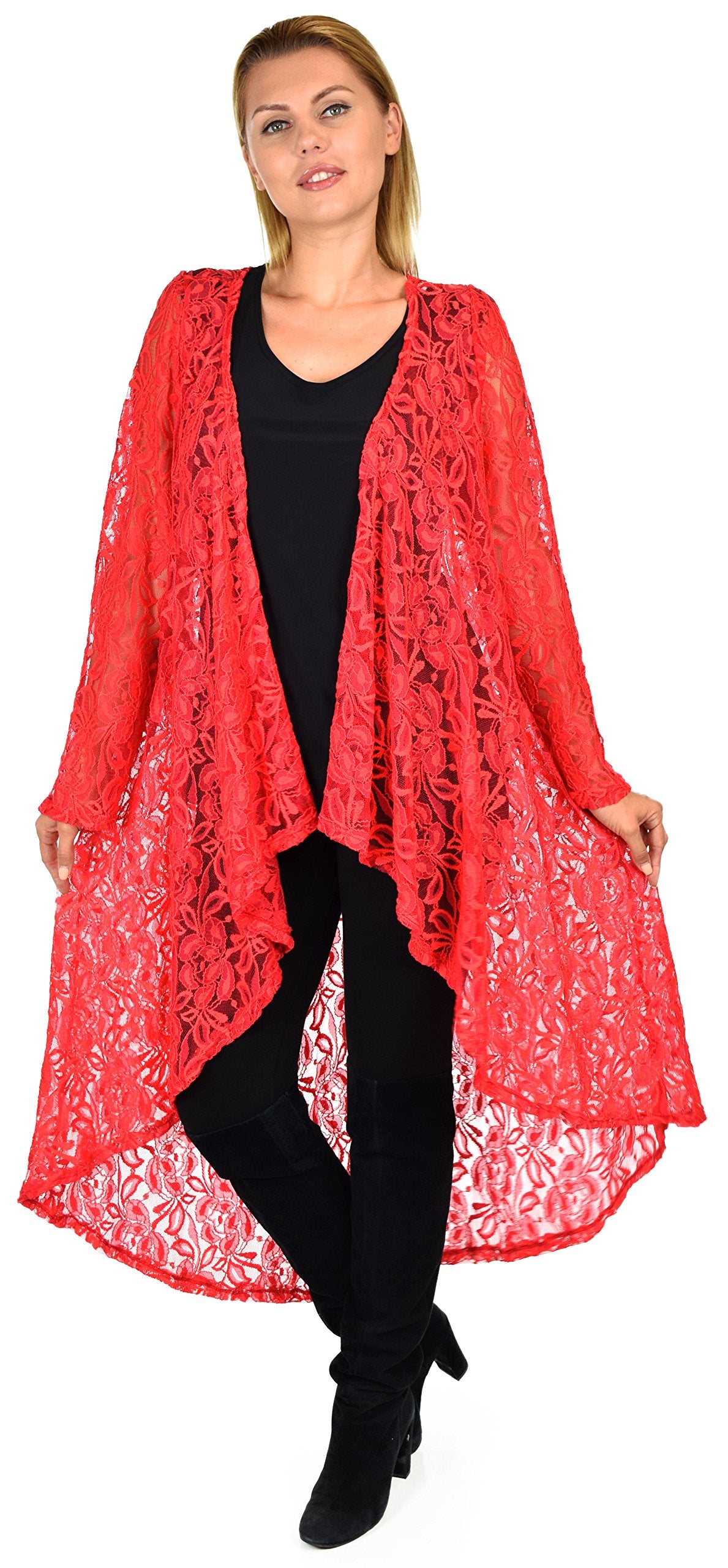 Dare2bStylish Women Plus Size High Low Open Front Lace Duster Cardigan Jacket