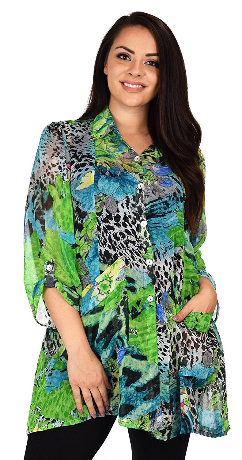 Button Down Semi-Sheer Tunic Blouse Shirt w/ Roll Up Sleeves