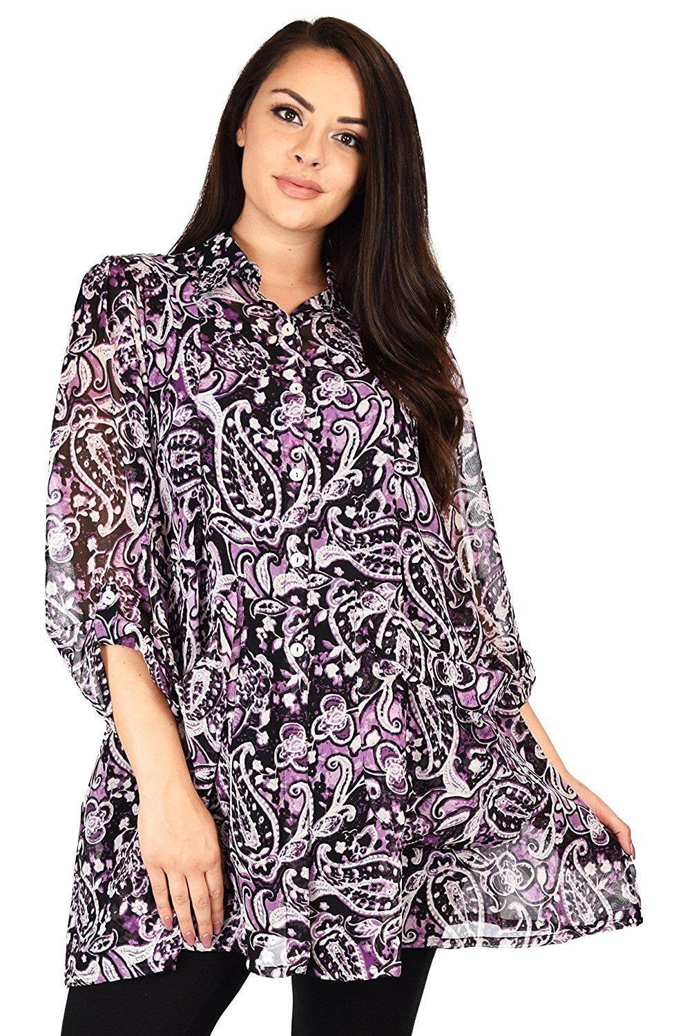 Button Down Semi-Sheer Tunic Blouse Shirt w/ Roll Up Sleeves