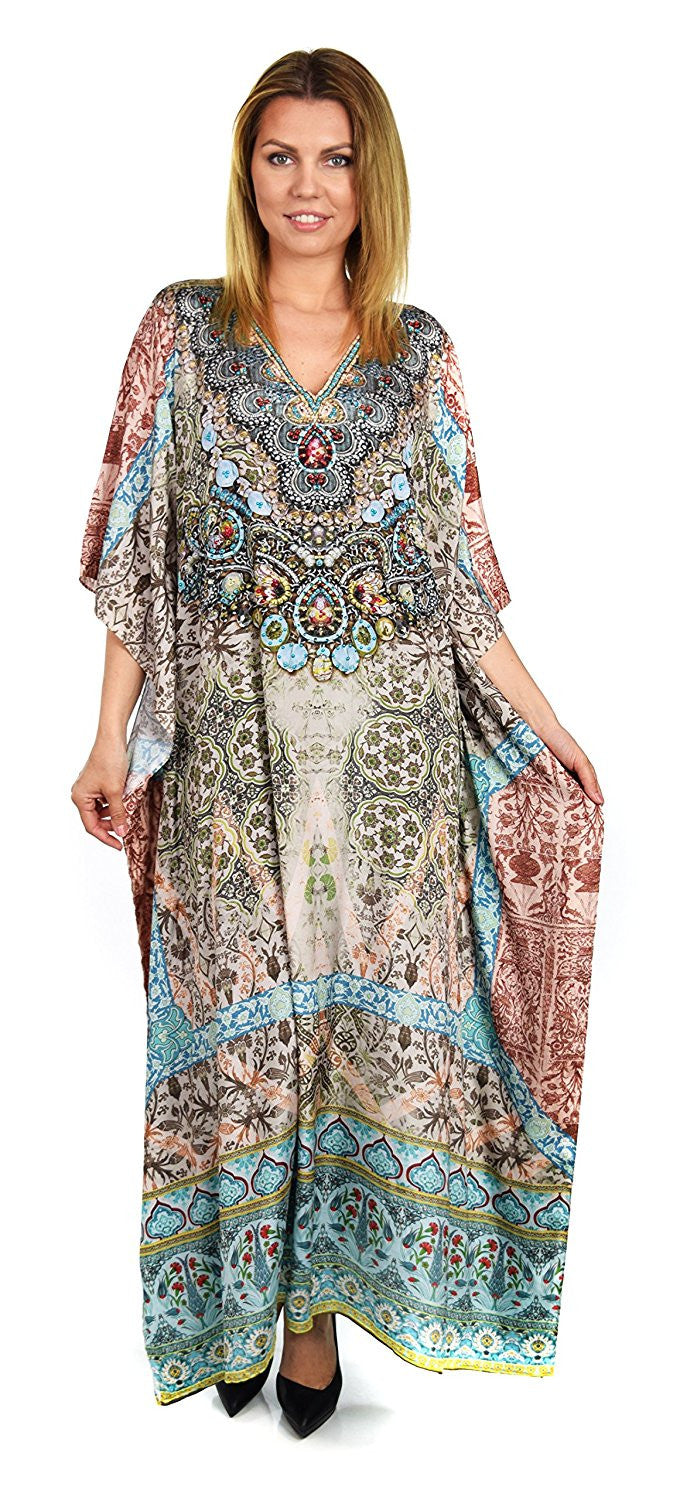Summer Chiffon Kaftan w/ Embellished Rhinestone Work V Neck | Caftan Dress | Cover Up