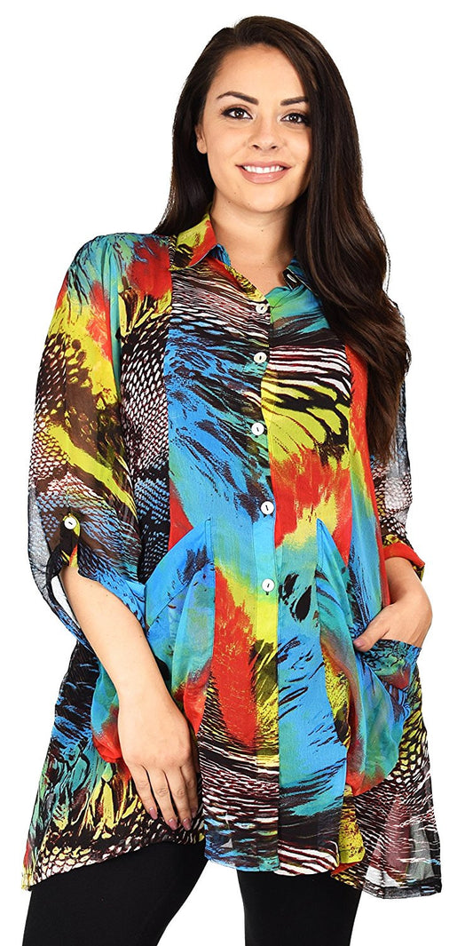 Button Down Semi-Sheer Tunic Blouse Shirt w/ Roll Up Sleeves