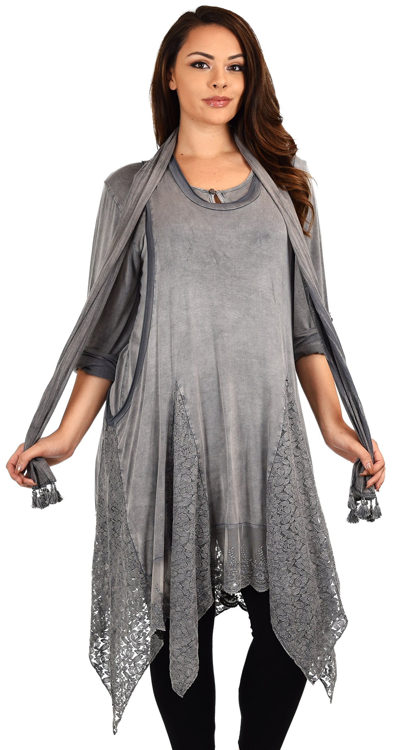 Dare2bStylish Women Plus Size Asymmetrical Lace Tunic Blouse Top Set with Scarf, 3 pc tunic set, Plus size tunic set