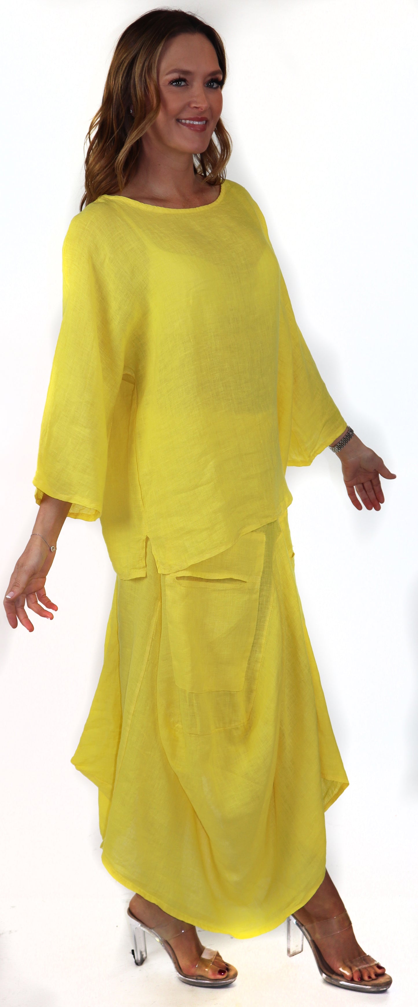 Linen Boho Breathable 2 Piece Pure Washed European Skirt and Top Set, Made in Italy Active