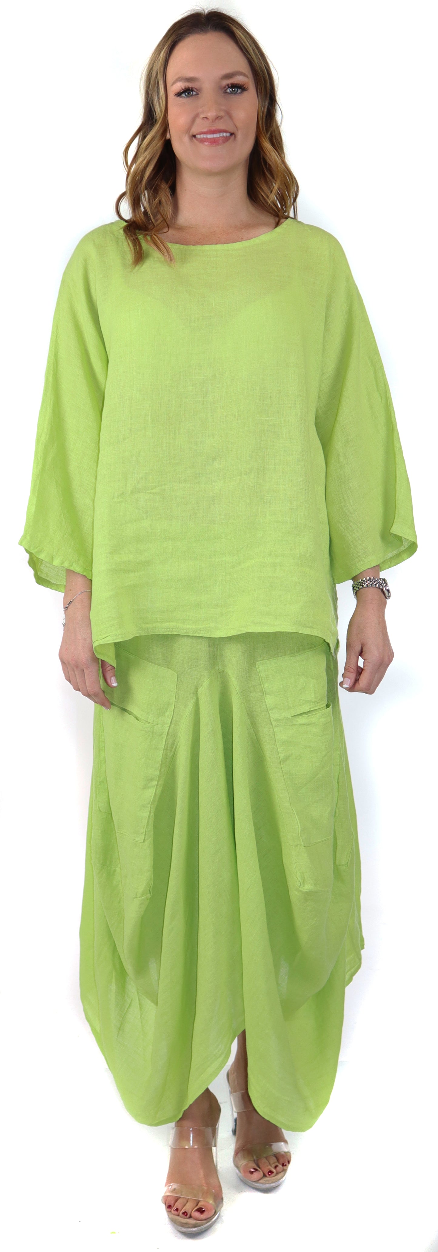 Linen Boho Breathable 2 Piece Pure Washed European Skirt and Top Set, Made in Italy Active