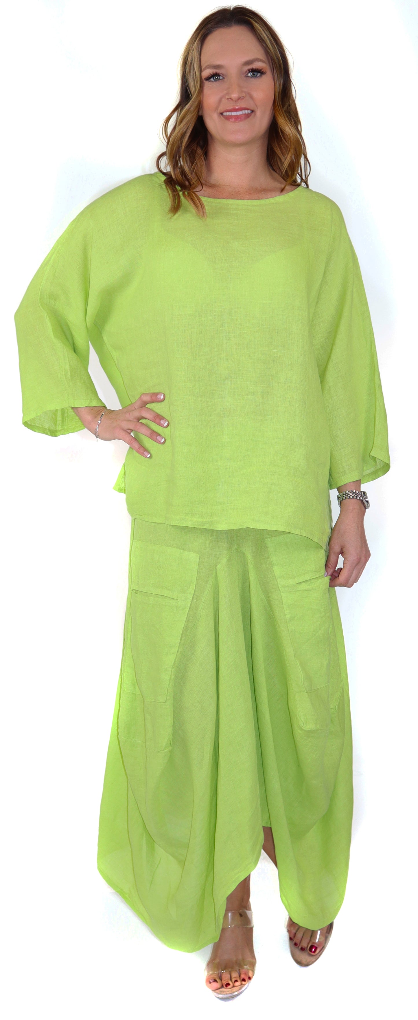 Linen Boho Breathable 2 Piece Pure Washed European Skirt and Top Set, Made in Italy Active