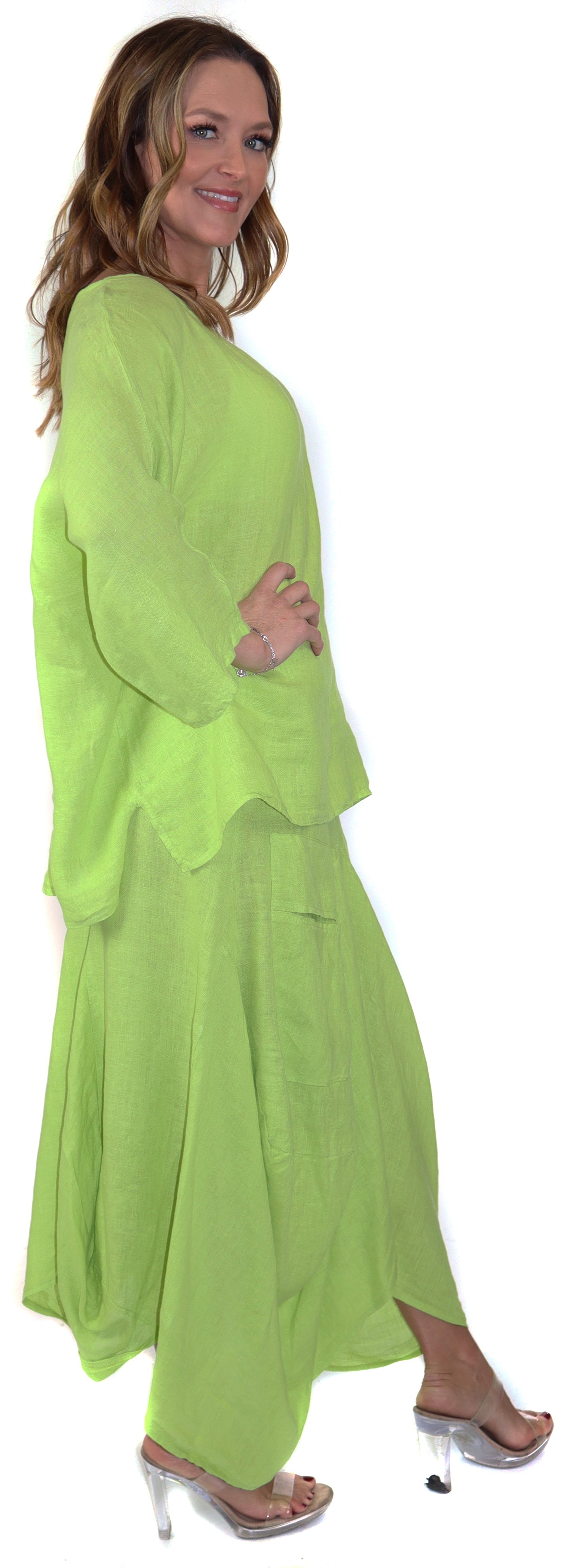 Linen Boho Breathable 2 Piece Pure Washed European Skirt and Top Set, Made in Italy Active