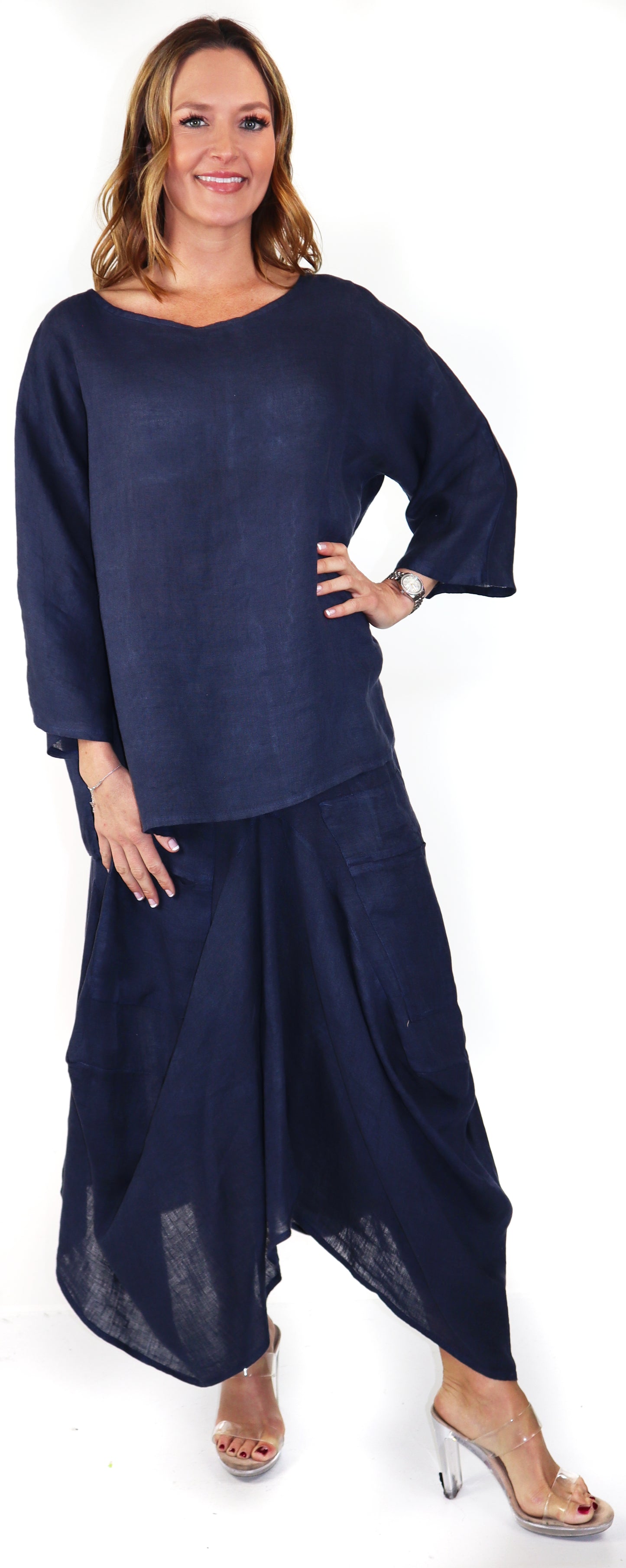 Linen Boho Breathable 2 Piece Pure Washed European Skirt and Top Set, Made in Italy Active