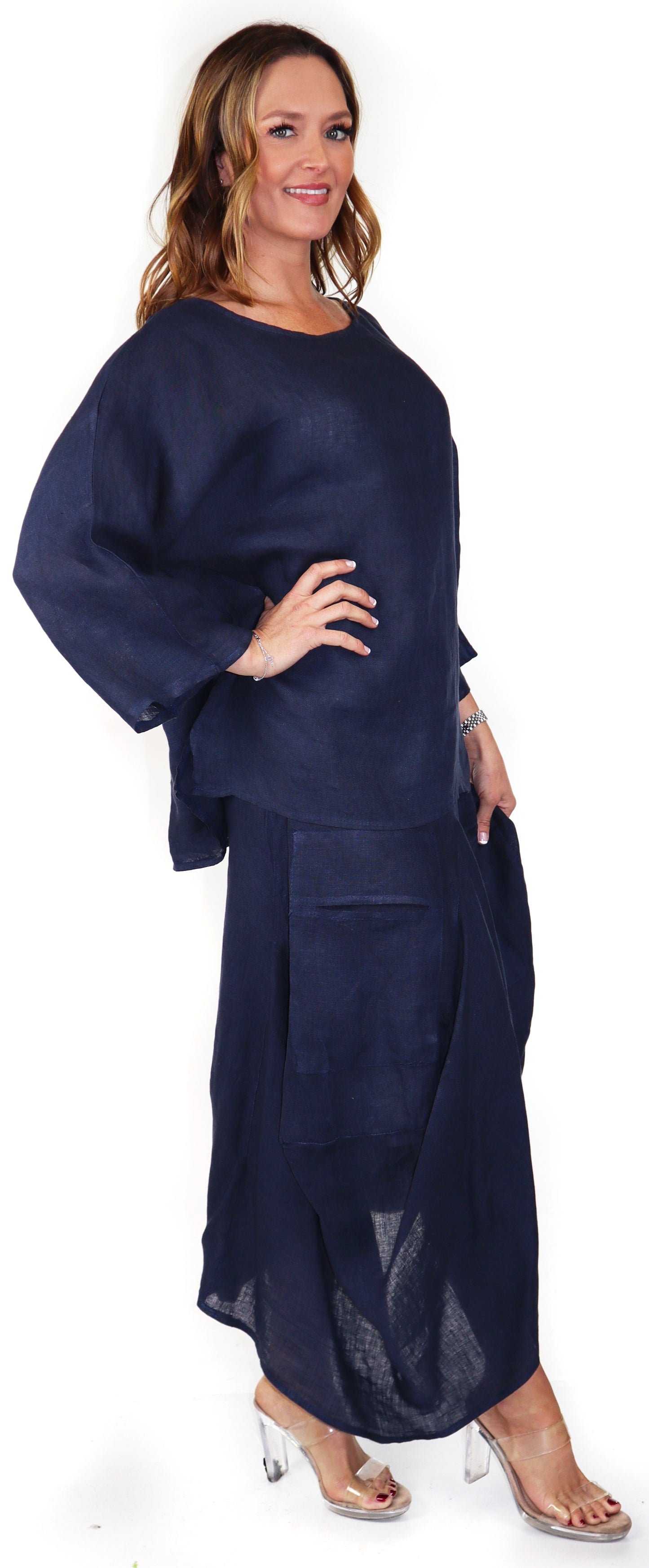 Linen Boho Breathable 2 Piece Pure Washed European Skirt and Top Set, Made in Italy Active