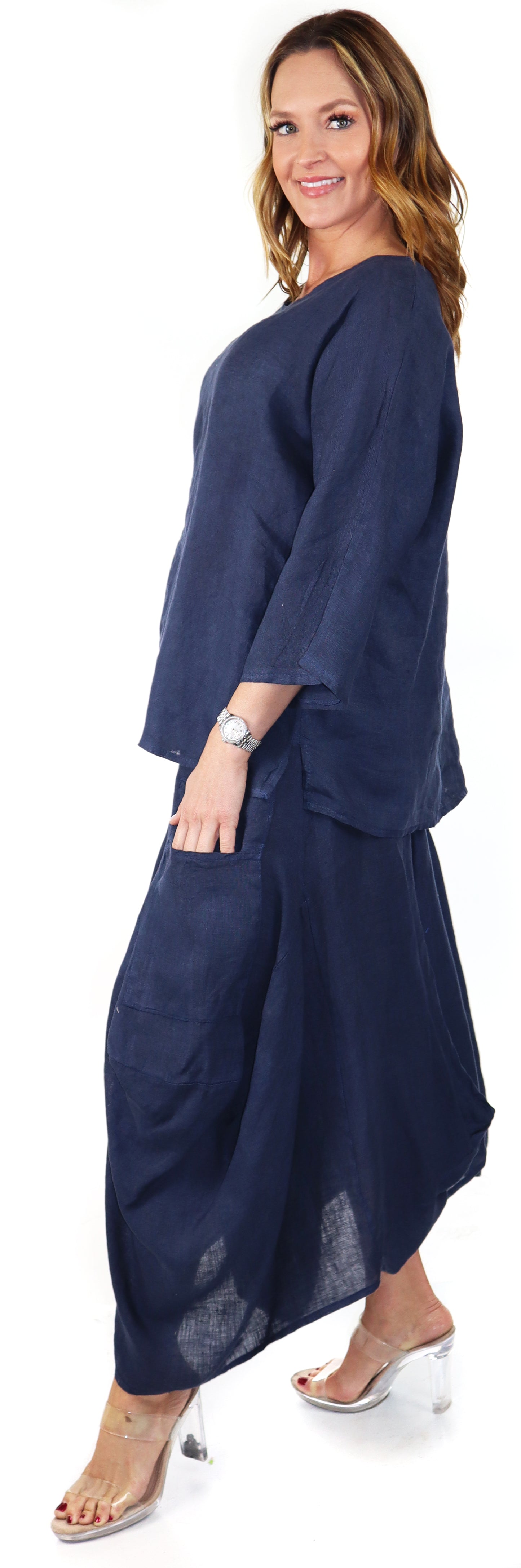 Linen Boho Breathable 2 Piece Pure Washed European Skirt and Top Set, Made in Italy Active