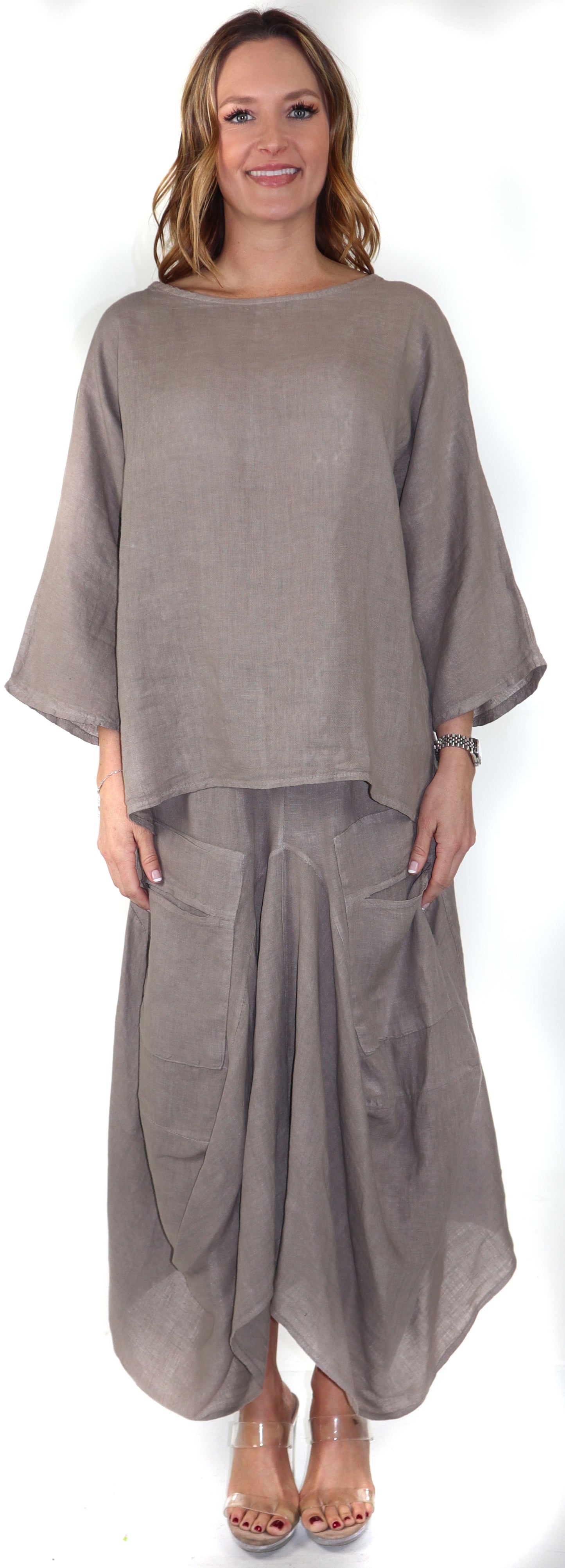 Linen Boho Breathable 2 Piece Pure Washed European Skirt and Top Set, Made in Italy Active
