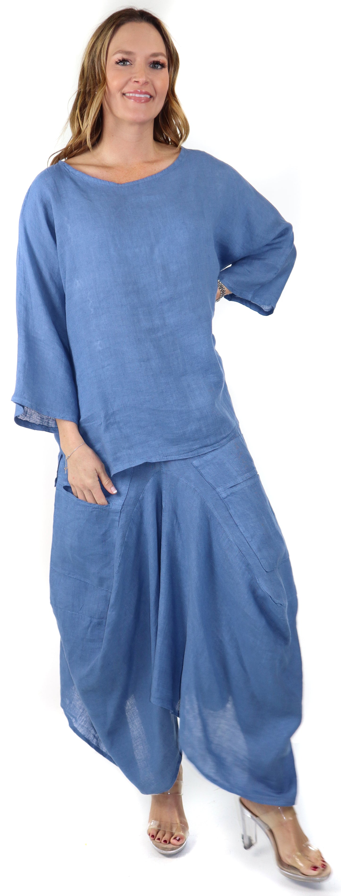 Linen Boho Breathable 2 Piece Pure Washed European Skirt and Top Set, Made in Italy Active