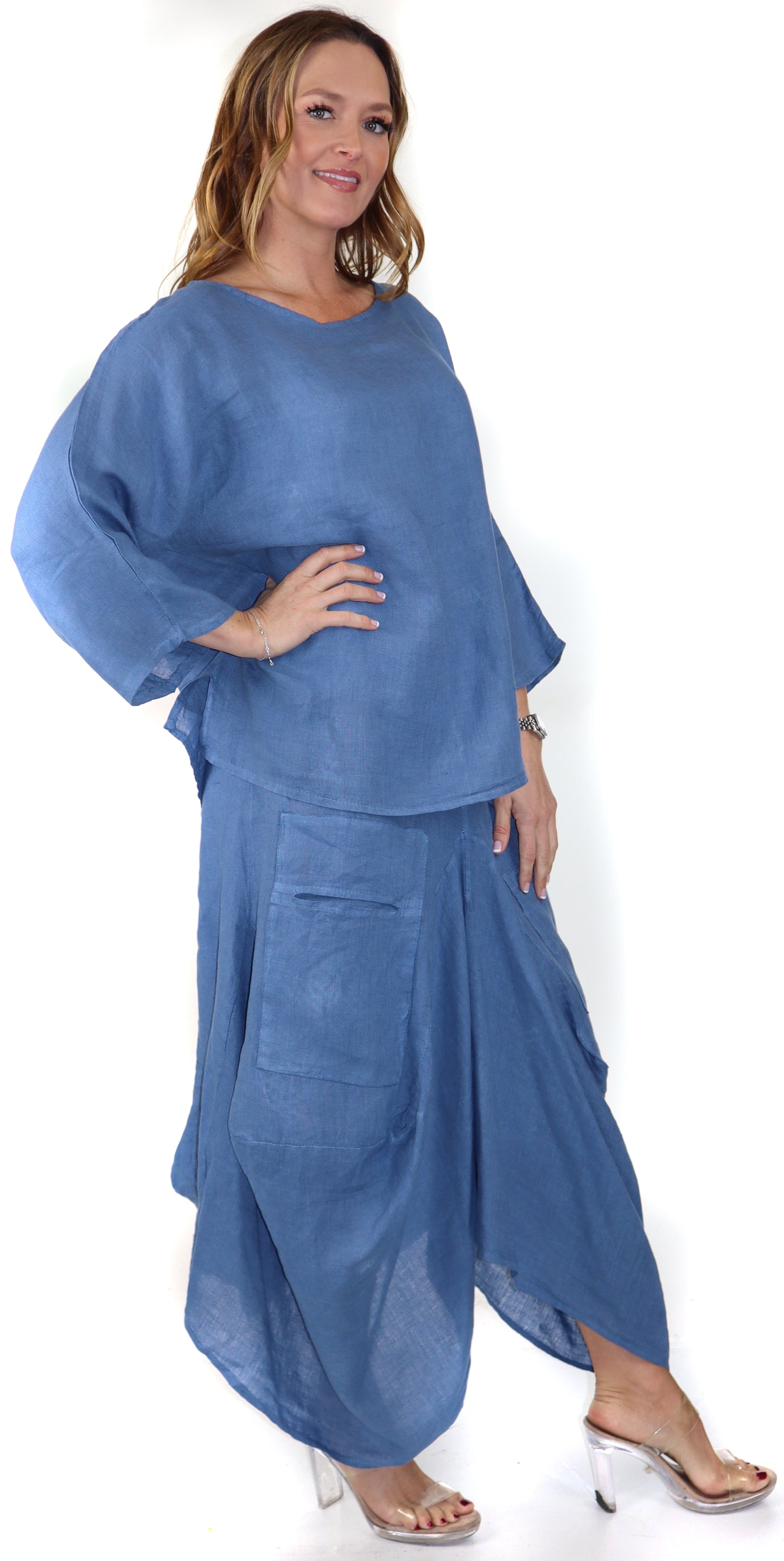 Linen Boho Breathable 2 Piece Pure Washed European Skirt and Top Set, Made in Italy Active