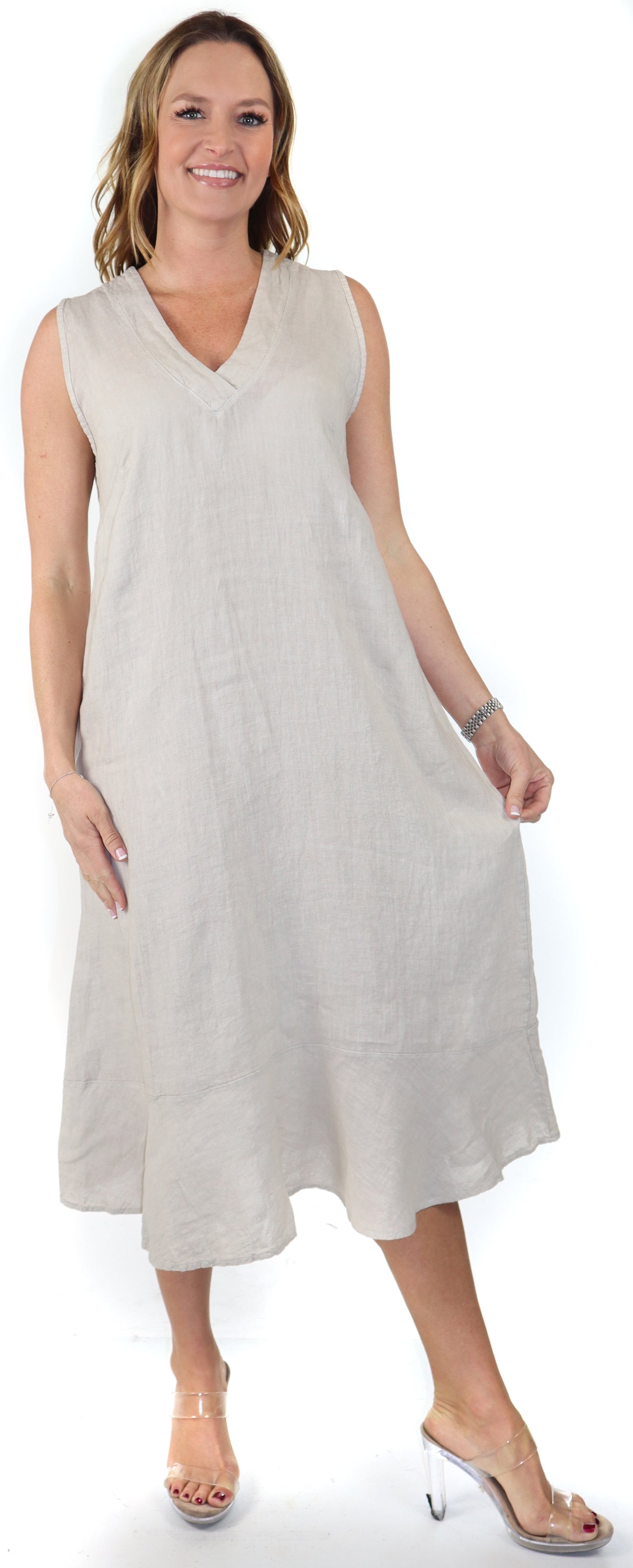 100% Linen Bohemian Sleeveless Boho Sun Dress, Made in Italy