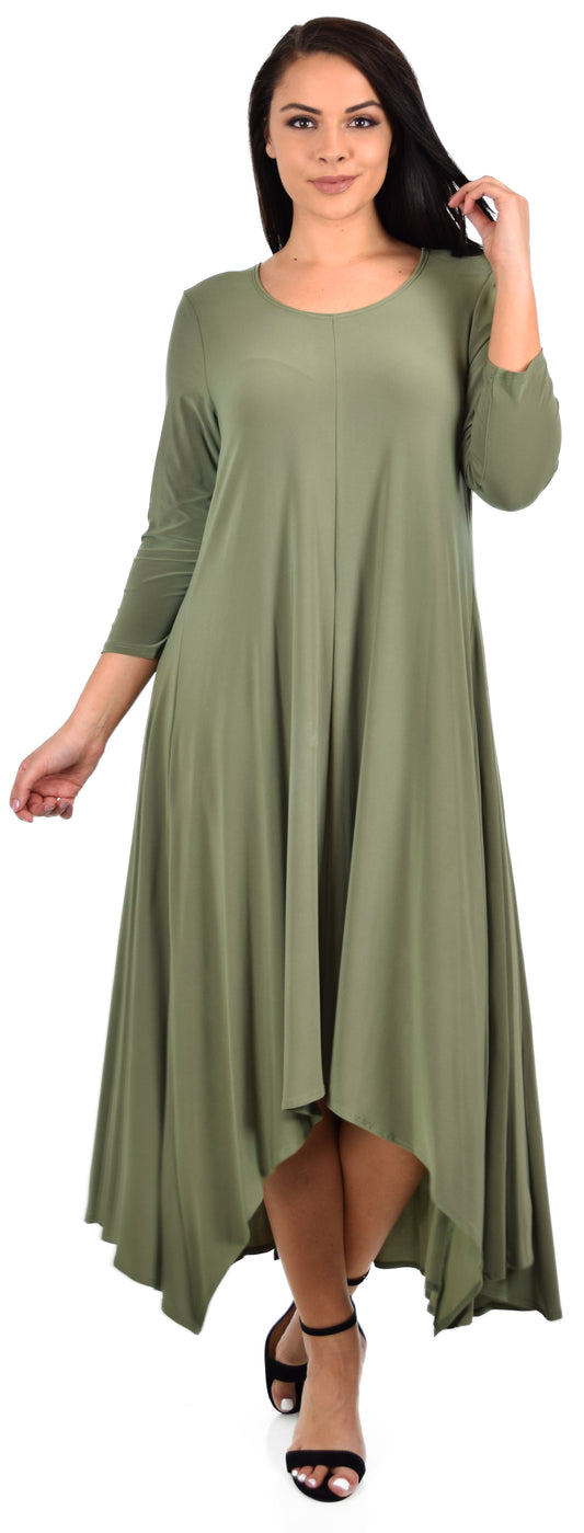 Designer Dress, Quirky Dress, Hi Low Dress, Plus size clothing, Flared Dress, Lagenlook Dress,Plus size Olive Dress, Olive Maxi Dress