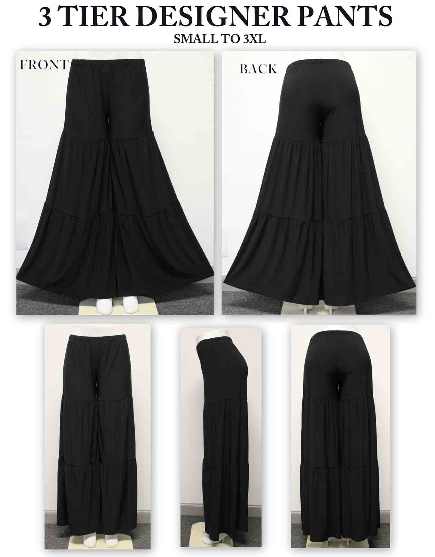 Designer Boho Pants, Tiered pants, USA made Designer Pants, Palazzo Pants, Black Pants